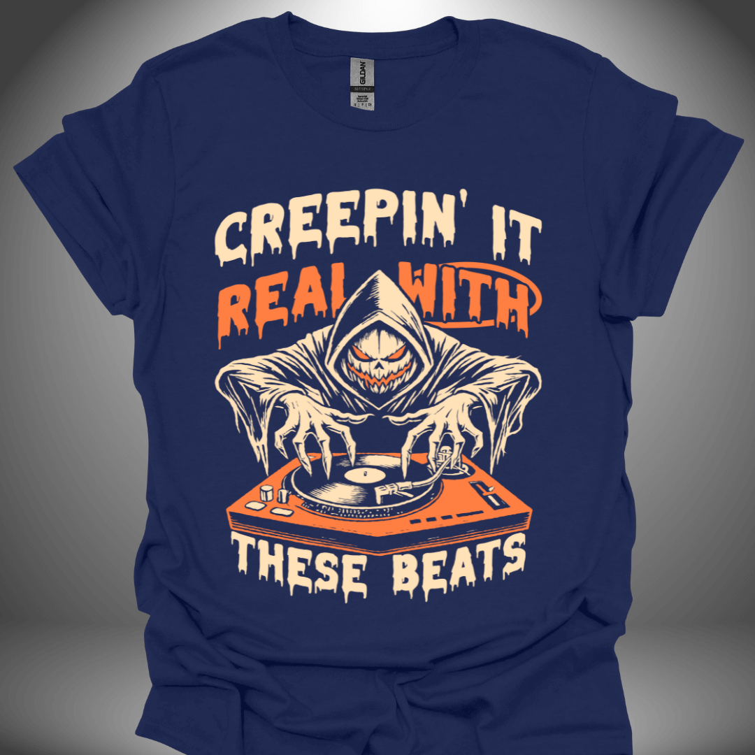 Halloween DJ T-shirt, 'Creepin It Real' design in navy, front view