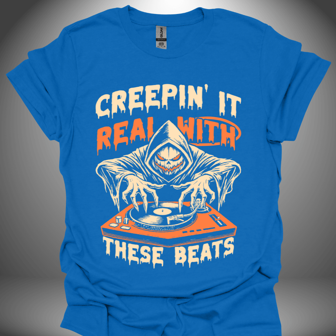 Halloween DJ T-shirt, 'Creepin It Real' design in royal blue, front view