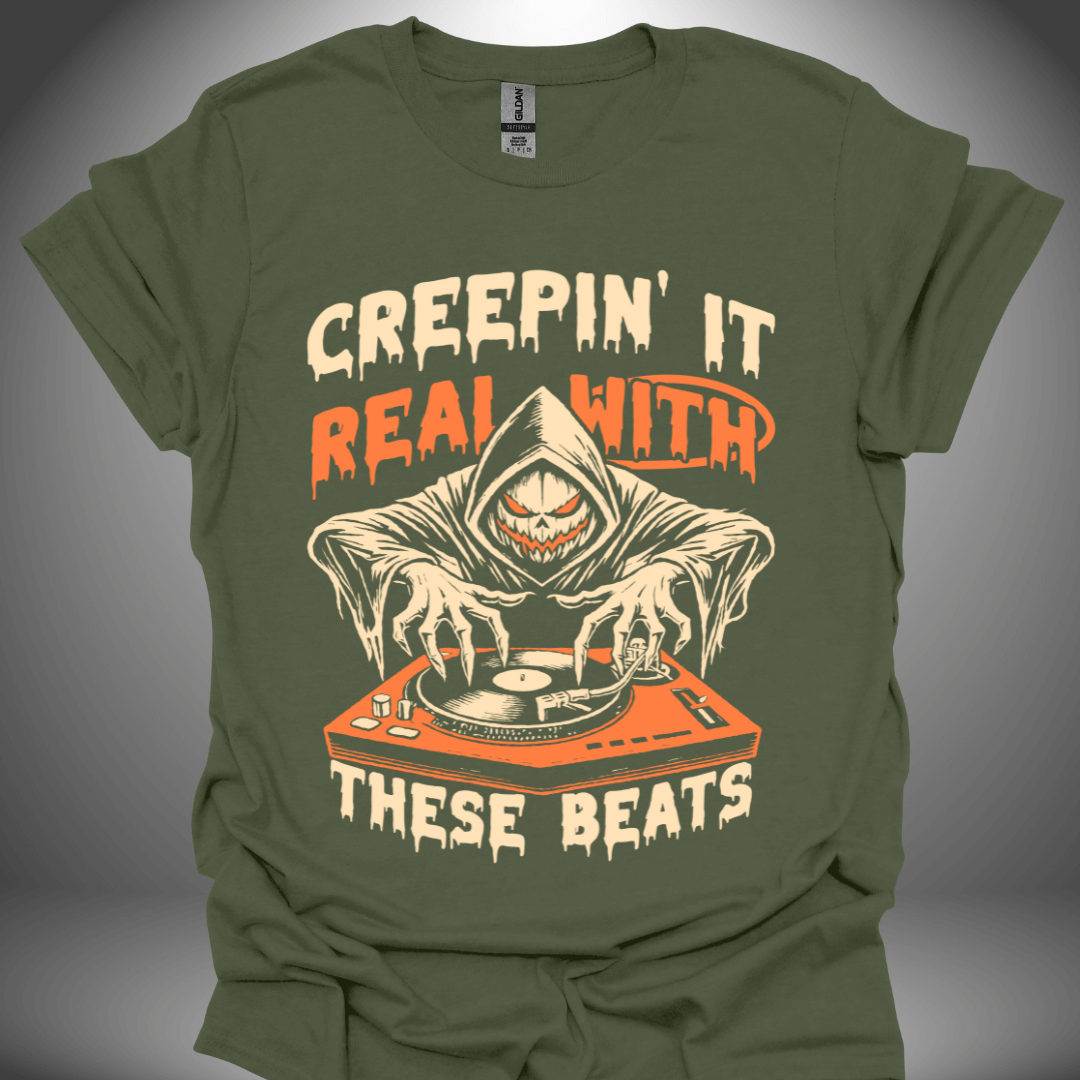 Halloween DJ T-shirt, 'Creepin It Real' design in military green, front view