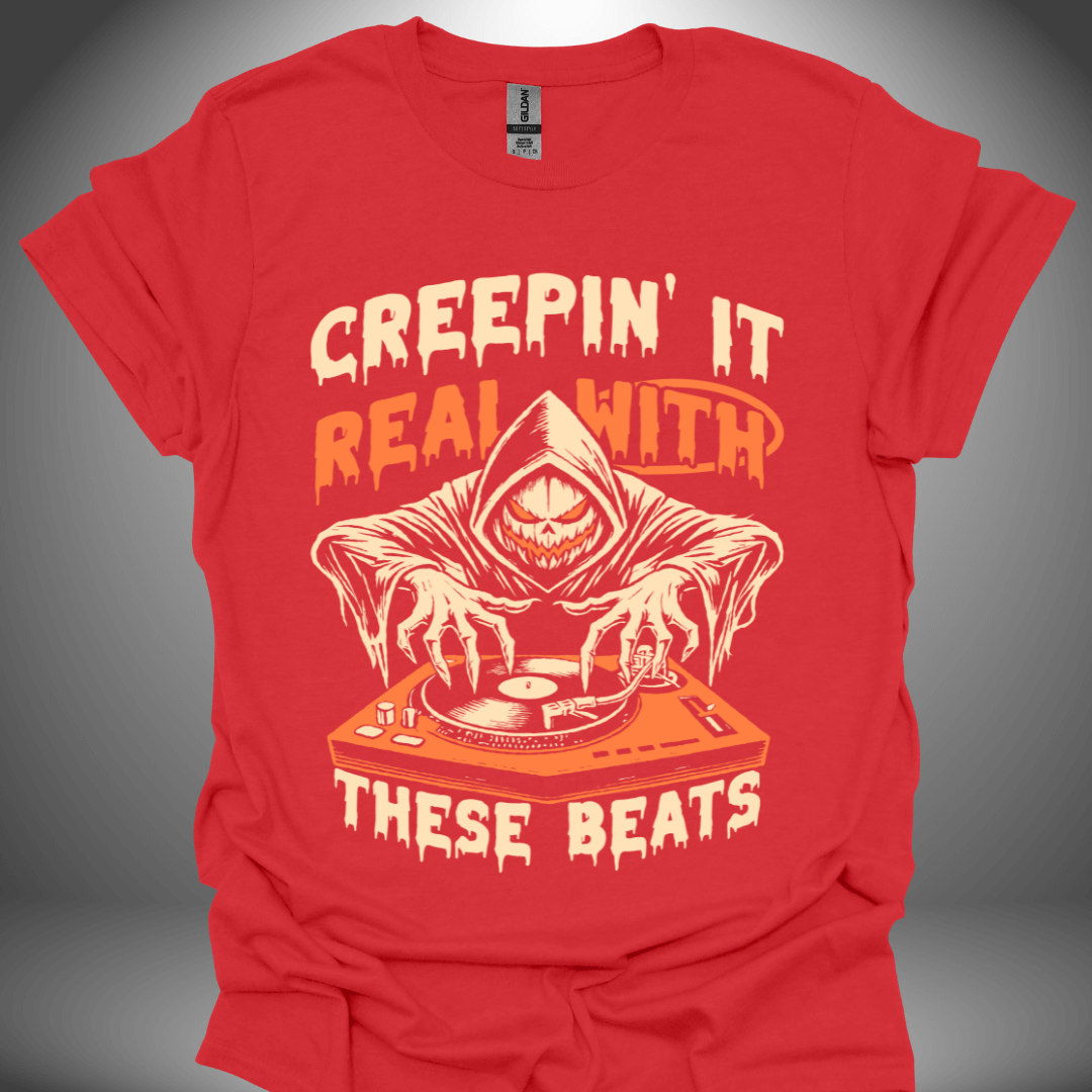 Halloween DJ T-shirt, 'Creepin It Real' design in red, front view