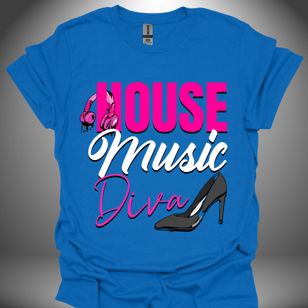 Unisex house music T-shirt, 'House Music Diva' design in royal blue, front view