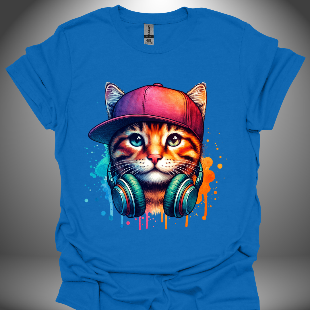 Unisex DJ T-shirt, 'DJ Cool Cat' design in royal blue, front view