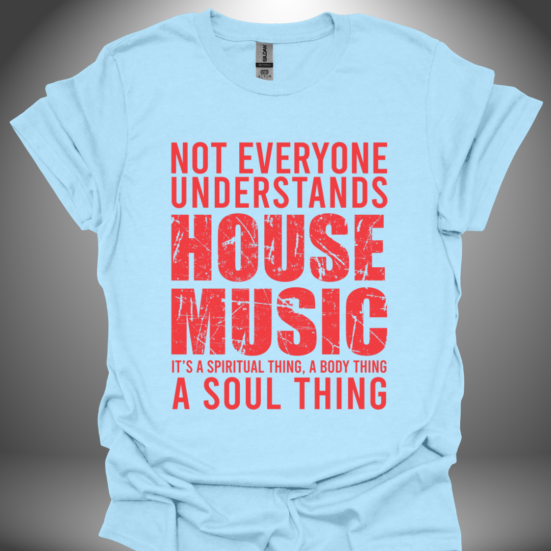 Unisex house music T-shirt, 'House Music Lover' design in light blue, front view