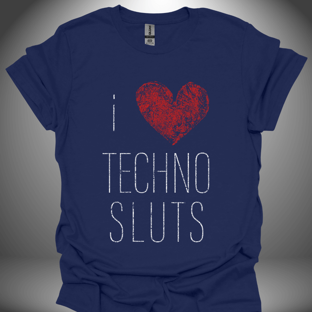 Unisex techno T-shirt, 'I Love Techno Sluts' design in navy, front view