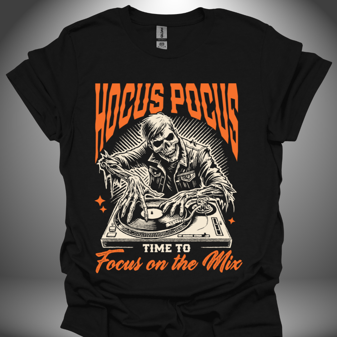 Halloween DJ T-shirt, 'Hocus Pocus' design in black, front view