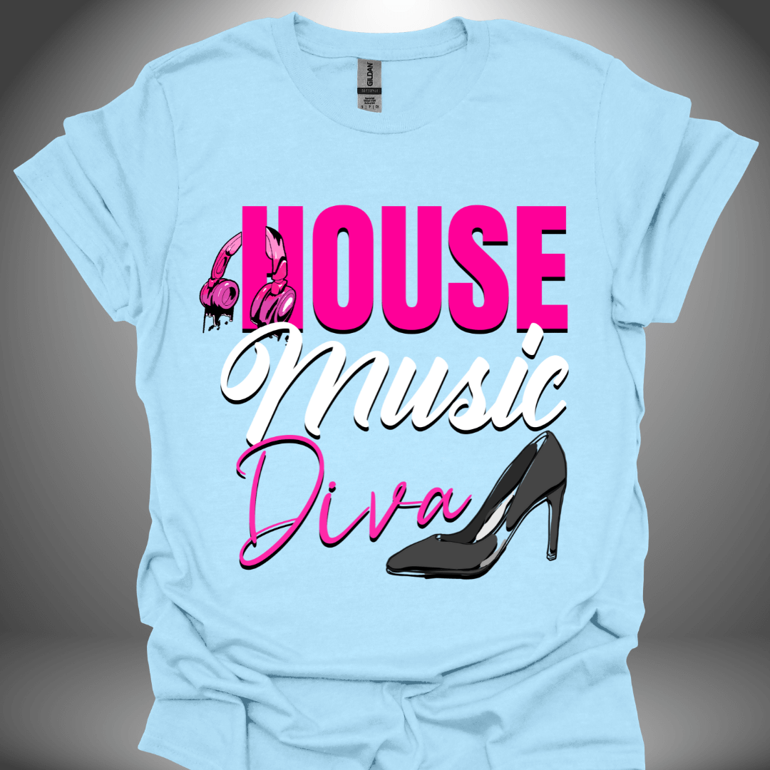 Unisex house music T-shirt, 'House Music Diva' design in light blue, front view