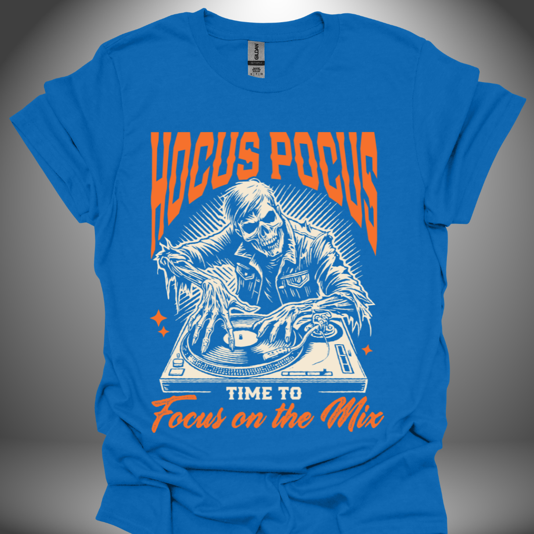 Halloween DJ T-shirt, 'Hocus Pocus' design in royal blue, front view