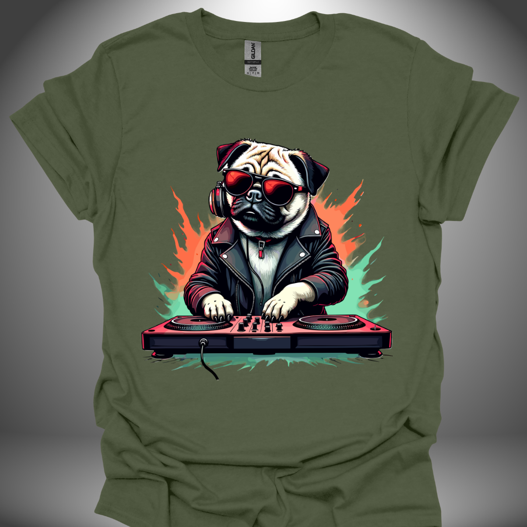 Unisex DJ T-shirt, 'DJ Pug' design in military green, front view