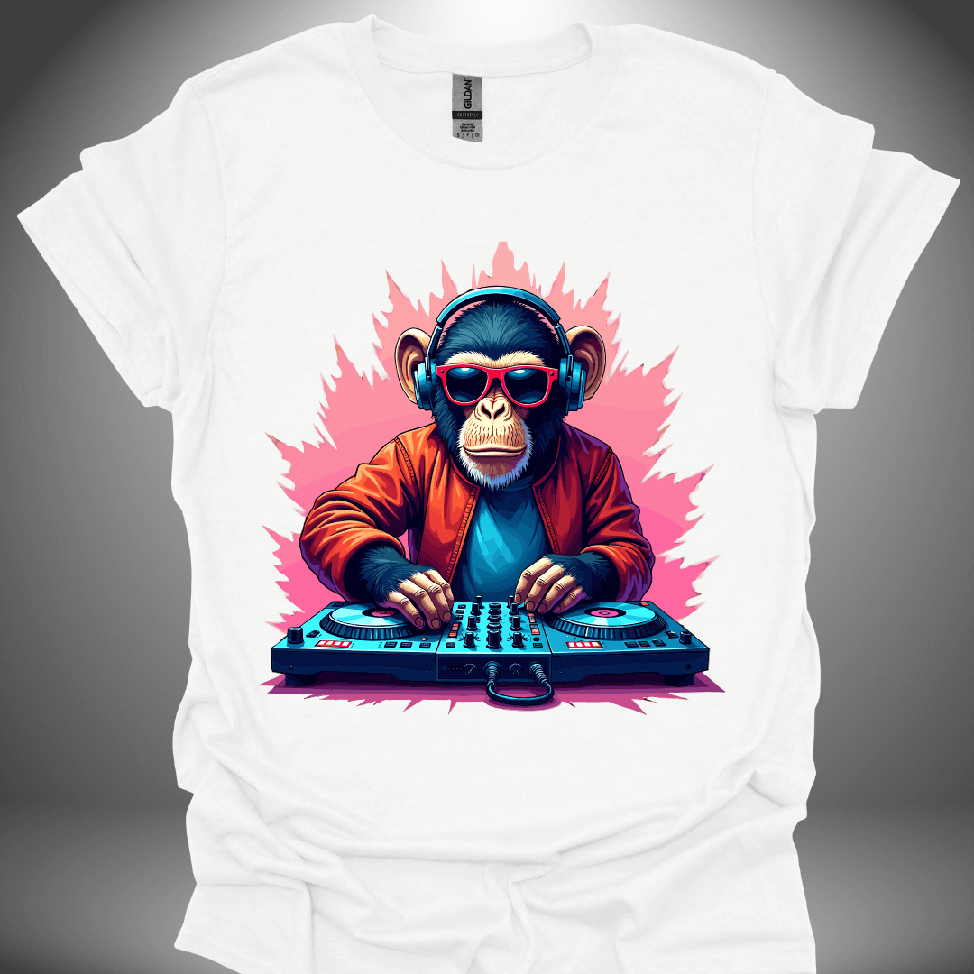 Unisex DJ T-shirt, 'Funky Monkey' design in white, front view