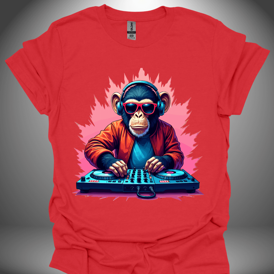 Unisex DJ T-shirt, 'Funky Monkey' design in red, front view