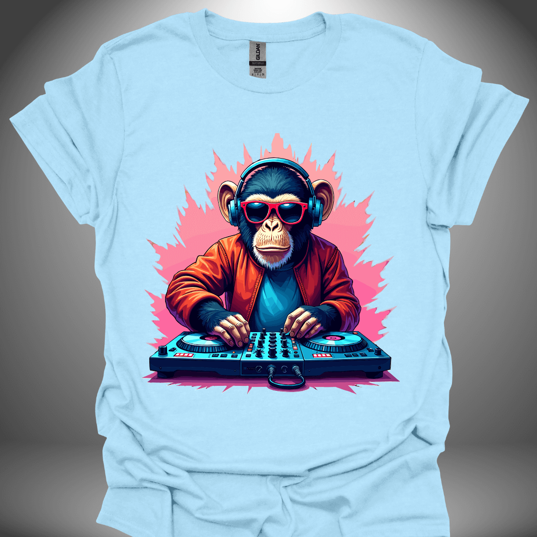 Unisex DJ T-shirt, 'Funky Monkey' design in light blue, front view