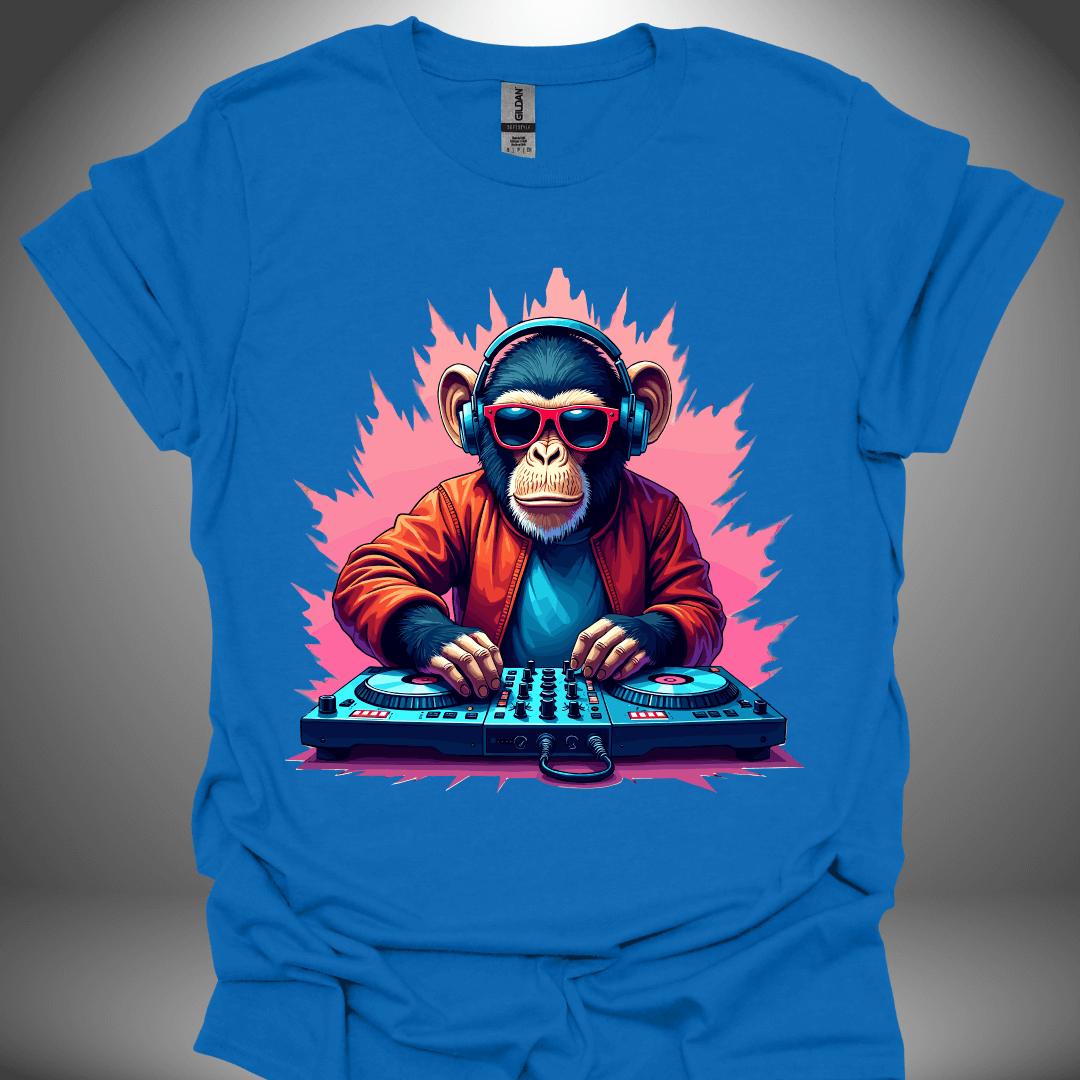 Unisex DJ T-shirt, 'Funky Monkey' design in royal blue, front view