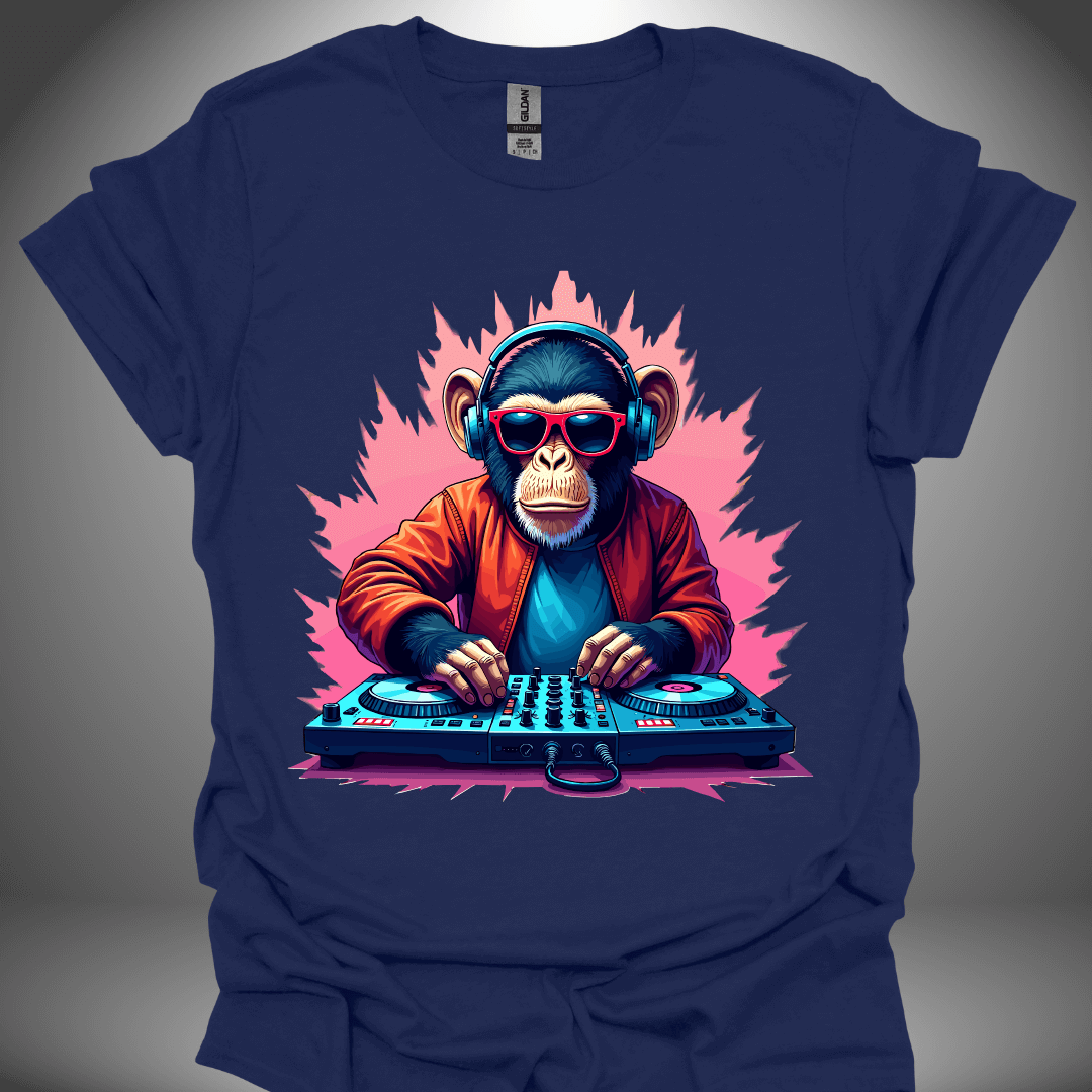 Unisex DJ T-shirt, 'Funky Monkey' design in navy, front view