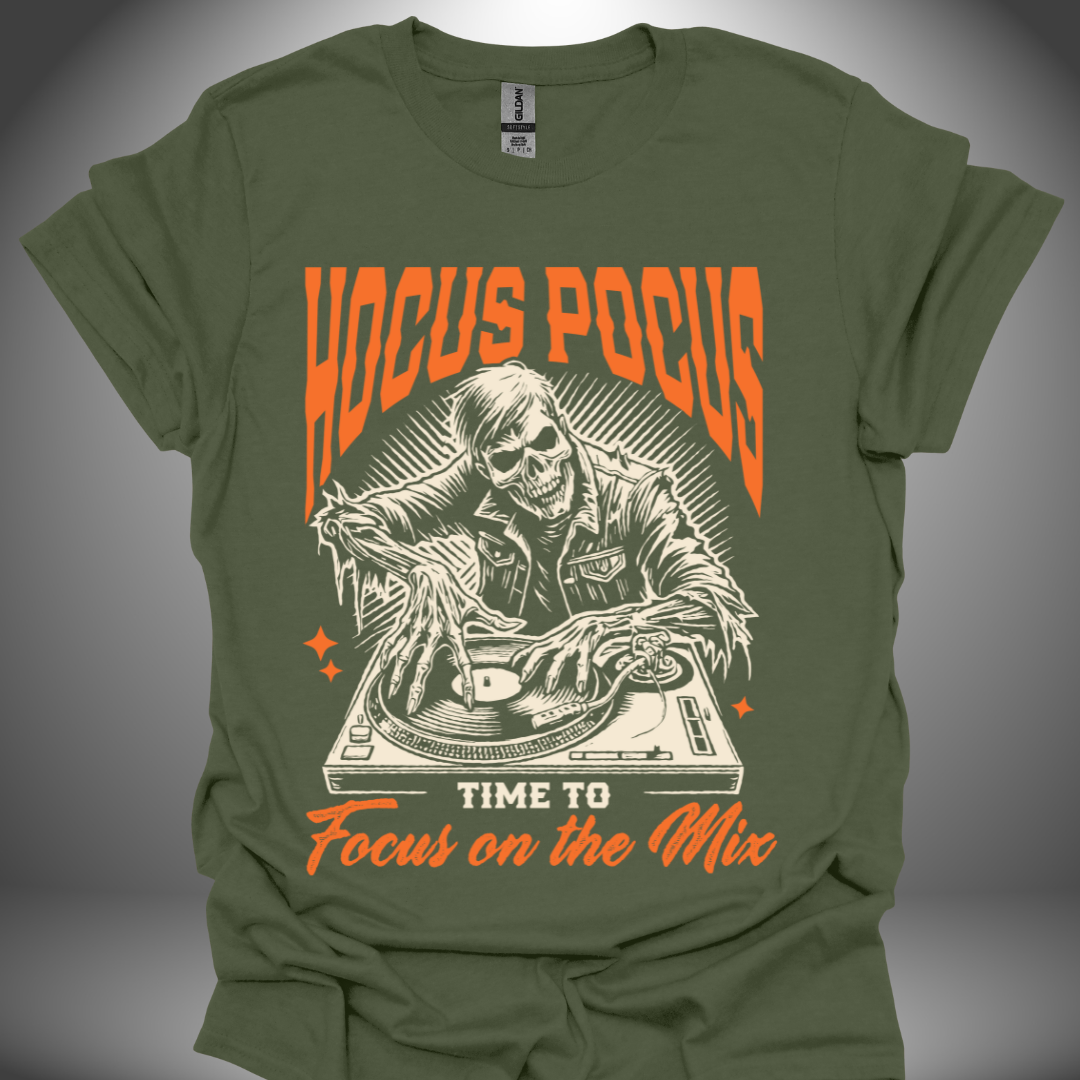 Halloween DJ T-shirt, 'Hocus Pocus' design in military green, front view