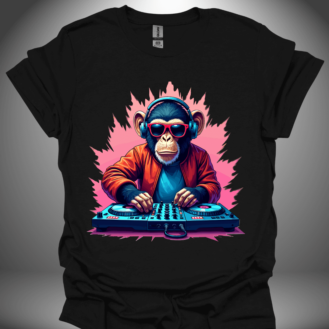 Unisex DJ T-shirt, 'Funky Monkey' design in black, front view