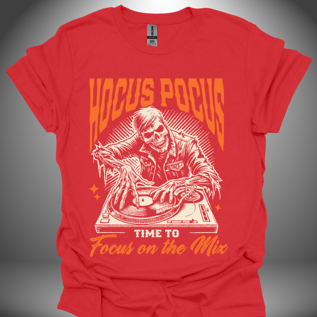 Halloween DJ T-shirt, 'Hocus Pocus' design in red, front view