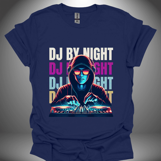 Unisex DJ T-shirt, 'DJ By Night' design in navy, front view