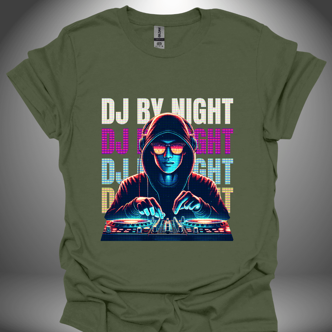 Unisex DJ T-shirt, 'DJ By Night' design in military green, front view