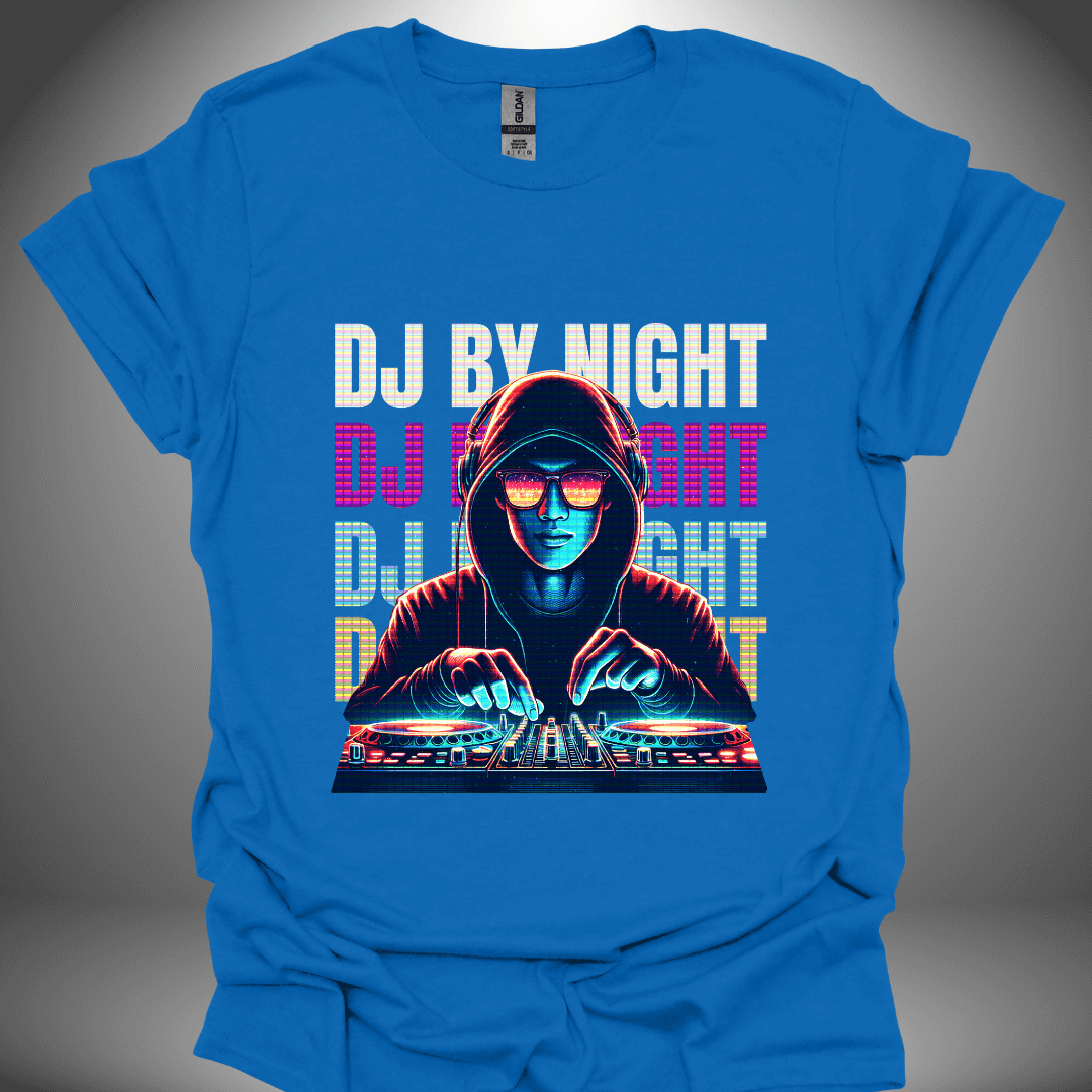 Unisex DJ T-shirt, 'DJ By Night' design in royal blue, front view