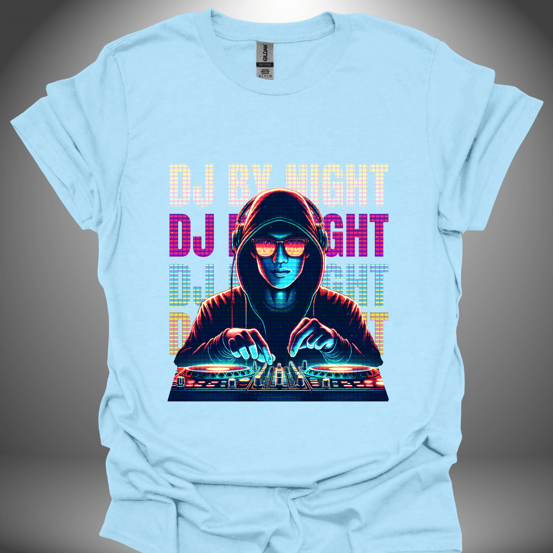 Unisex DJ T-shirt, 'DJ By Night' design in light blue, front view