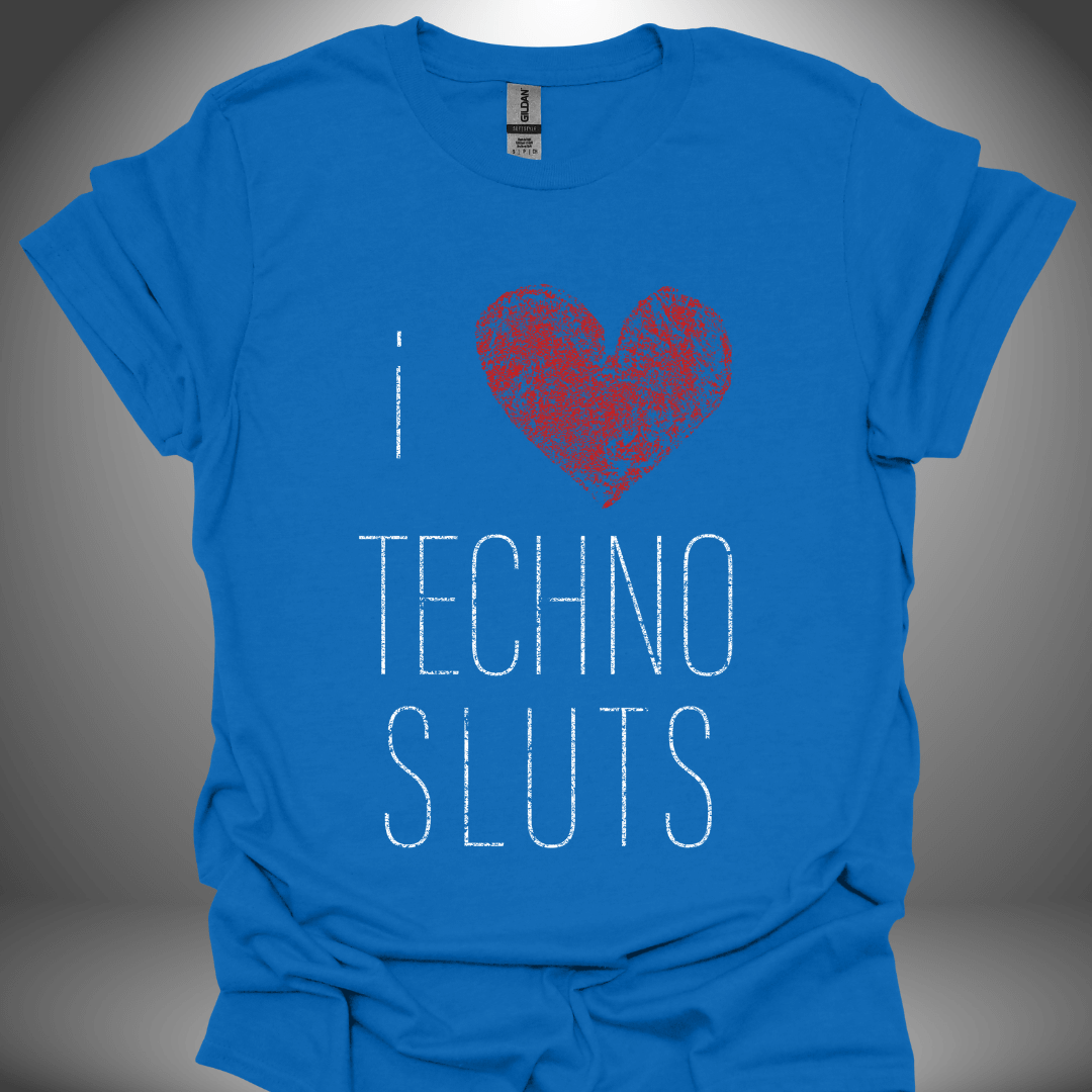 Unisex techno T-shirt, 'I Love Techno Sluts' design in royal blue, front view