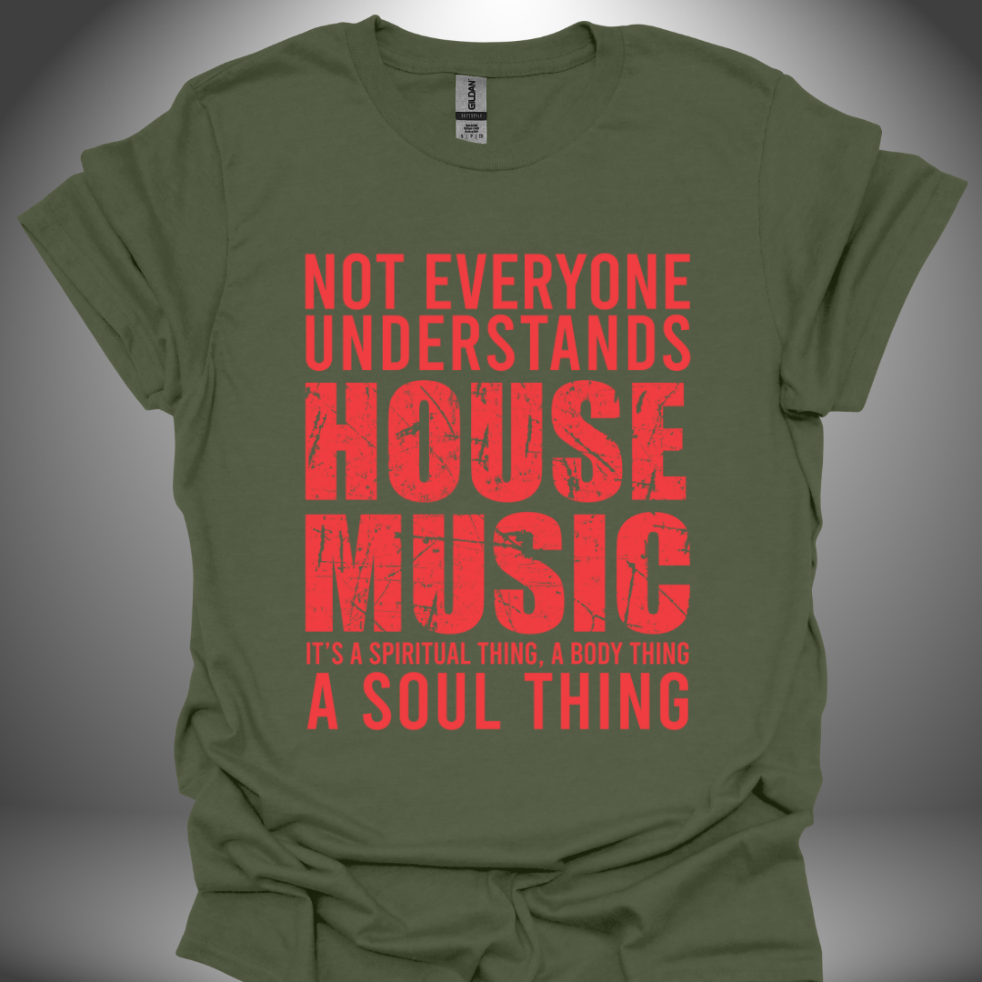 Unisex house music T-shirt, 'House Music Lover' design in military green, front view