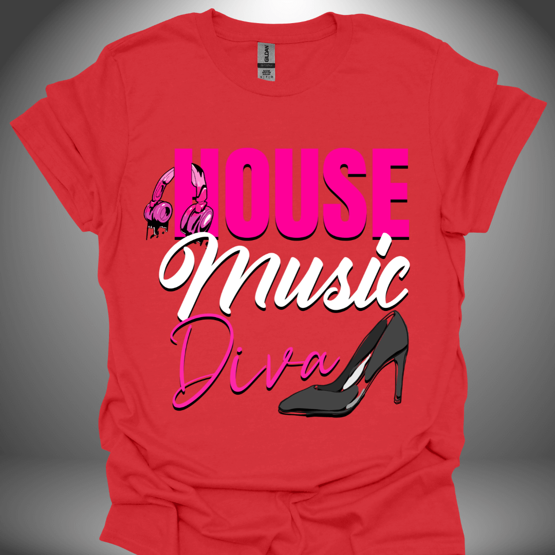 Unisex house music T-shirt, 'House Music Diva' design in red, front view