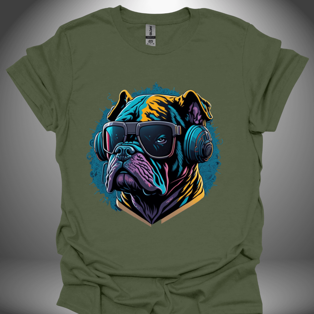 Unisex DJ T-shirt, 'Spin Master Pup' design in military green, front view