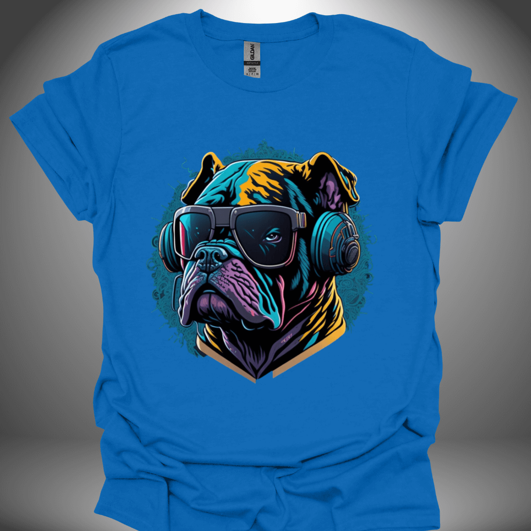 Unisex DJ T-shirt, 'Spin Master Pup' design in royal blue, front view