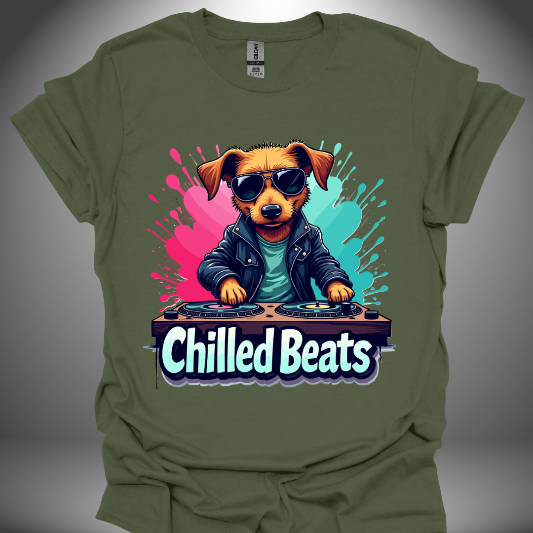 Unisex DJ T-shirt, 'Chilled Beats' dog design in military green, front view