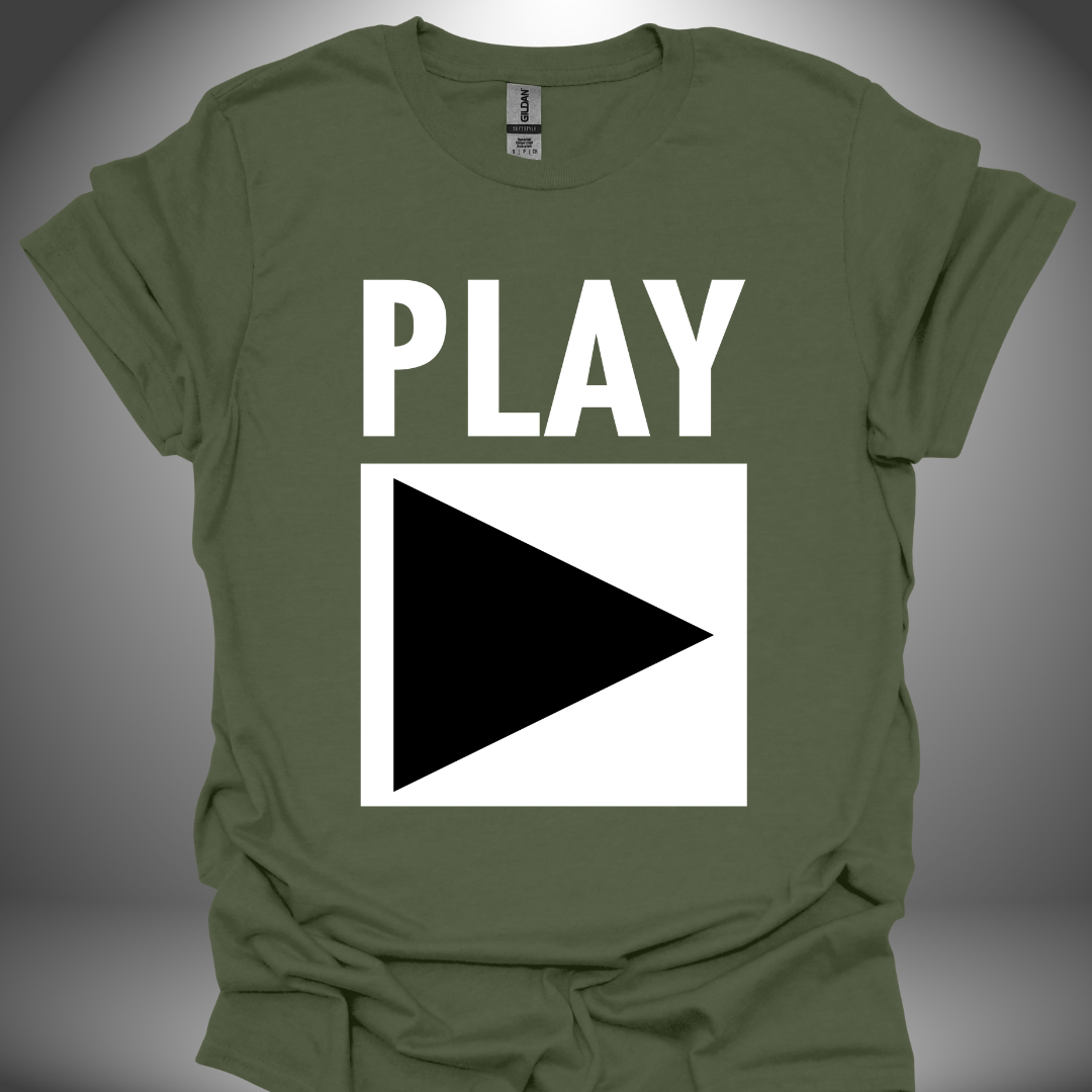 Unisex DJ T-shirt, 'Play' design in military green, front view