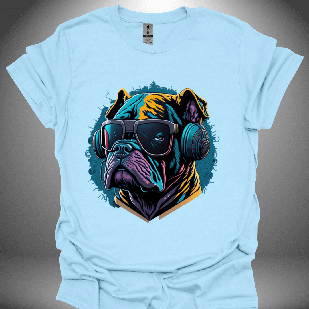 Unisex DJ T-shirt, 'Spin Master Pup' design in light blue, front view