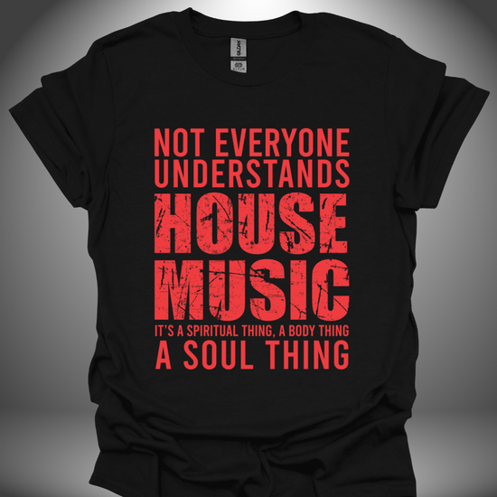 Unisex house music T-shirt, 'House Music Lover' design in black, front view