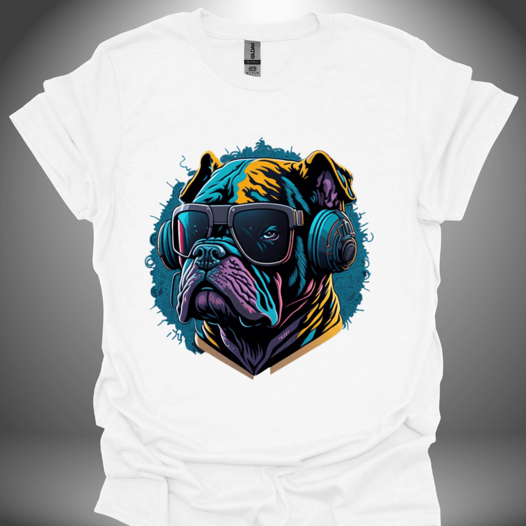 Unisex DJ T-shirt, 'Spin Master Pup' design in white, front view