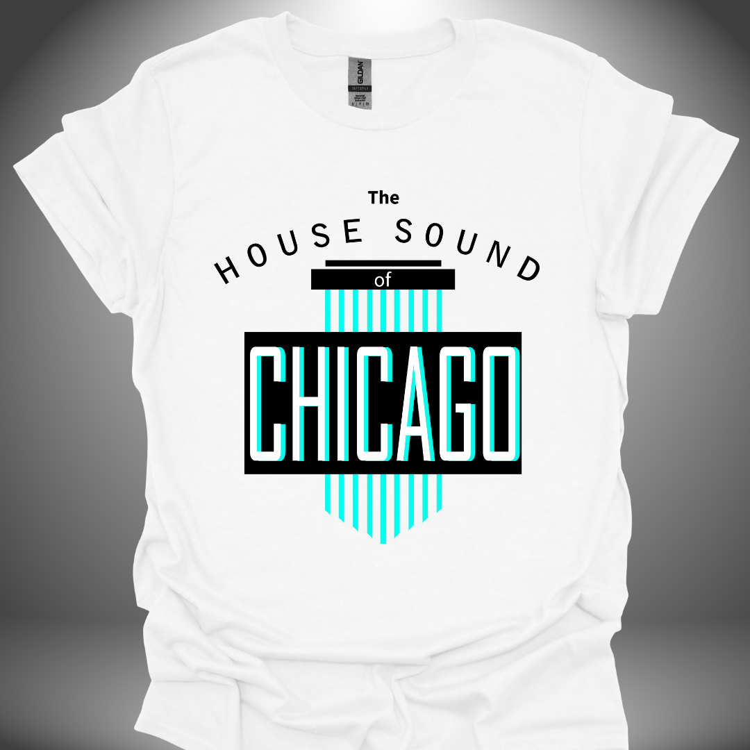 Unisex house music T-shirt, 'House Sound of Chicago' design in white, front view