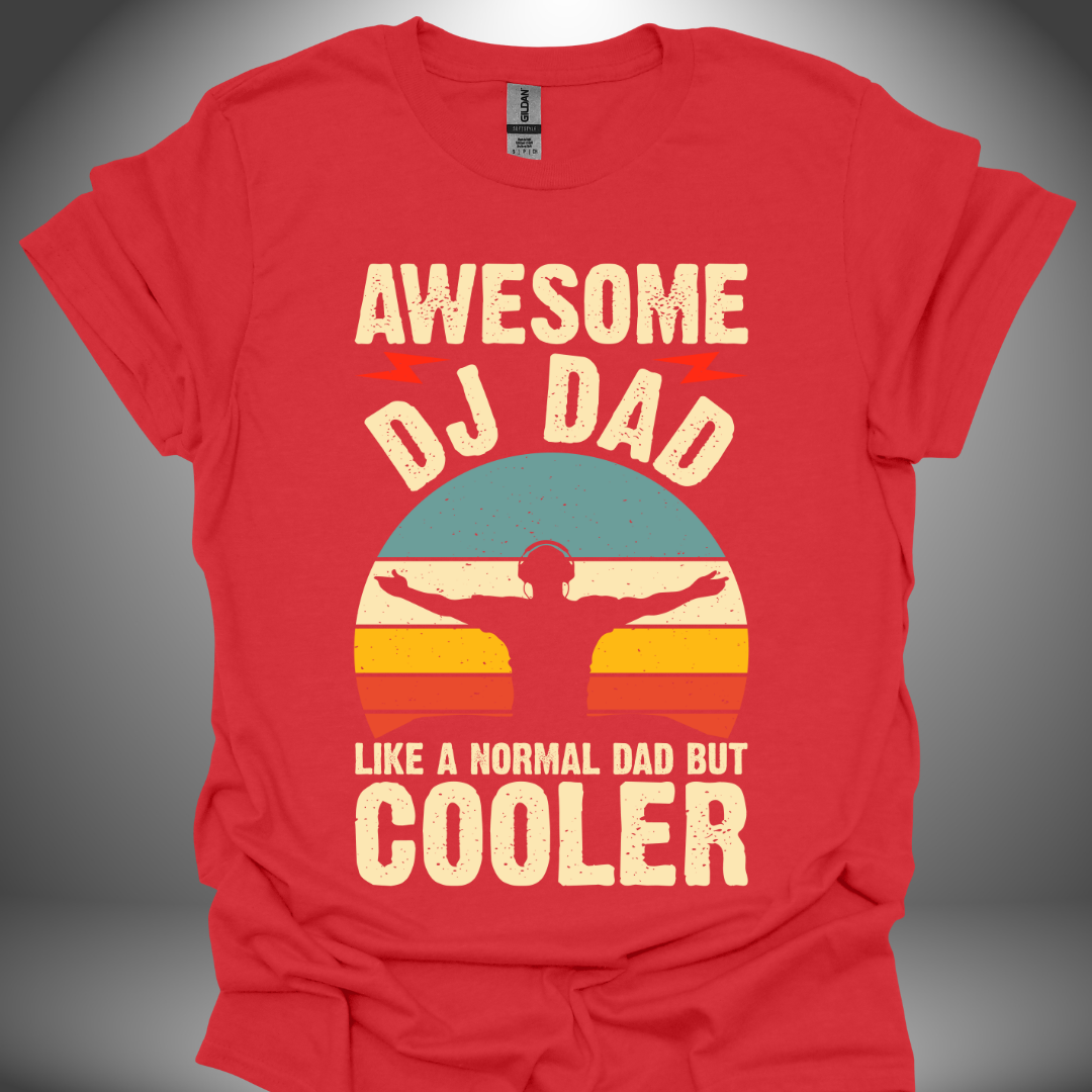 Unisex DJ T-shirt, 'Awesome DJ Dad' design in red, front view