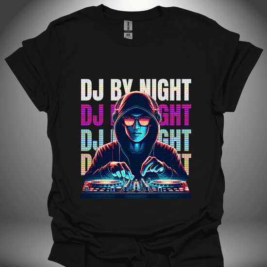 Unisex DJ T-shirt, 'DJ By Night' design in black, front view