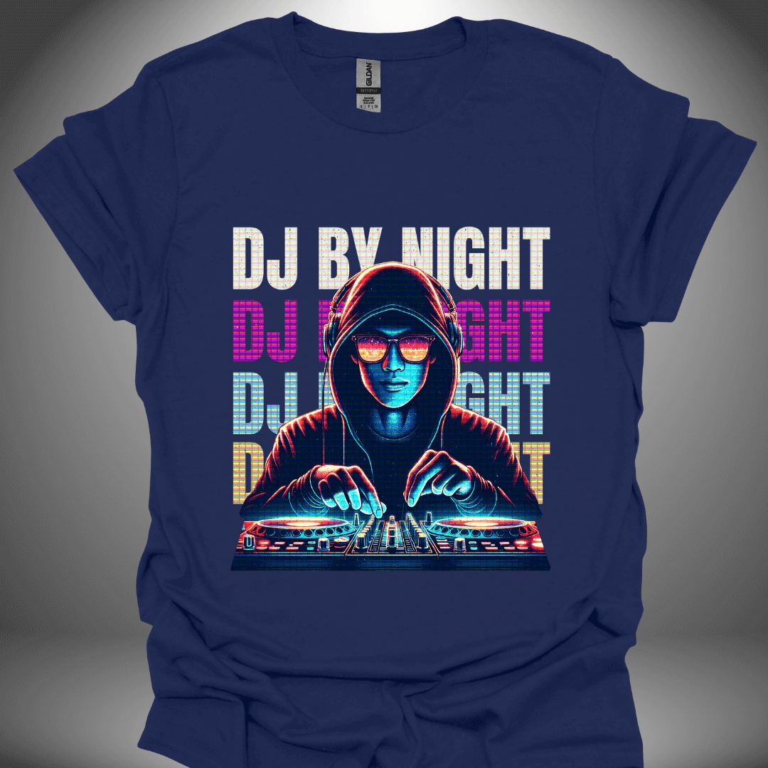 Unisex DJ T-shirt, 'DJ By Night' design in navy, front view