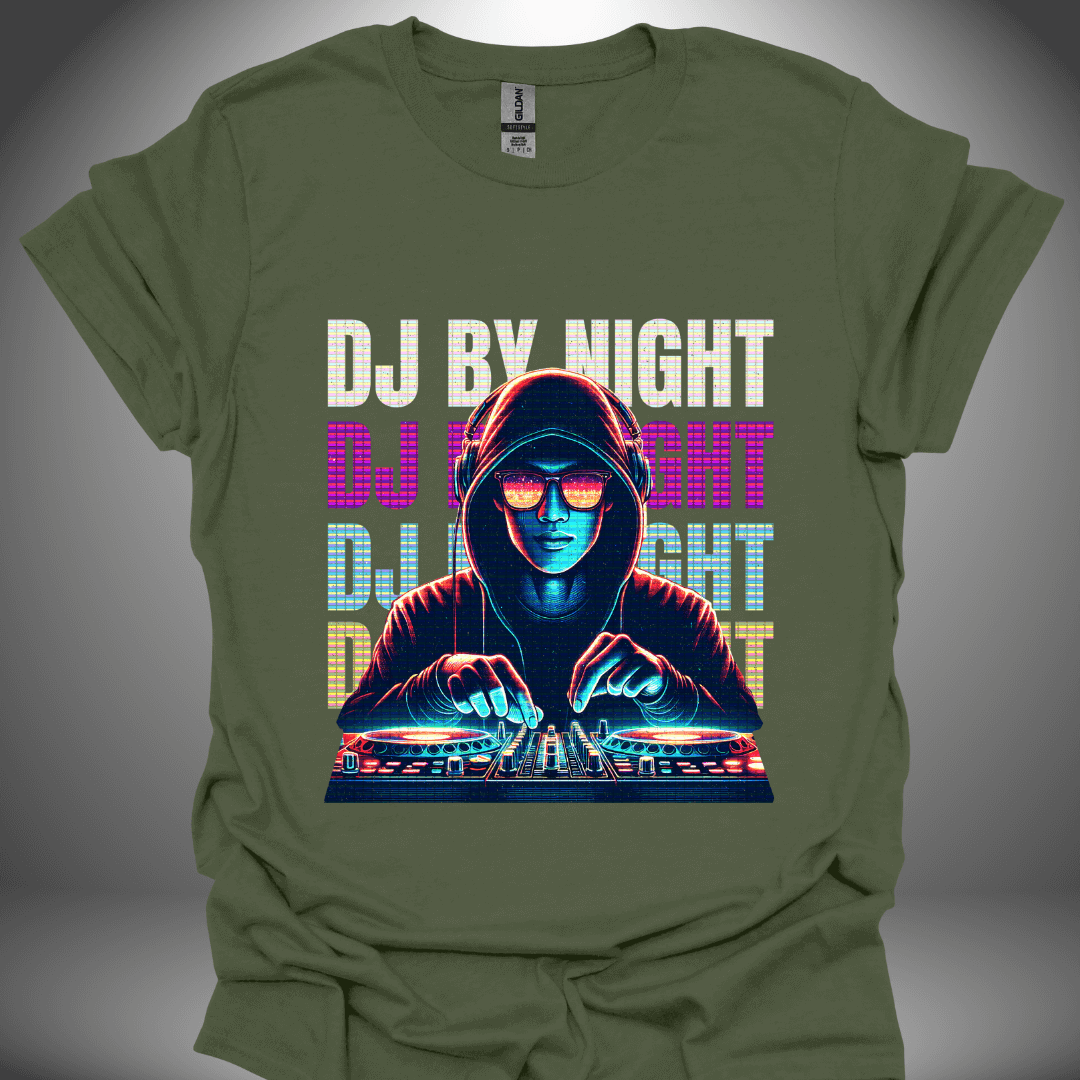 Unisex DJ T-shirt, 'DJ By Night' design in military green, front view