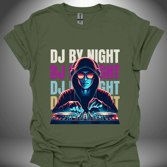 Unisex DJ T-shirt, 'DJ By Night' design in military green, front view