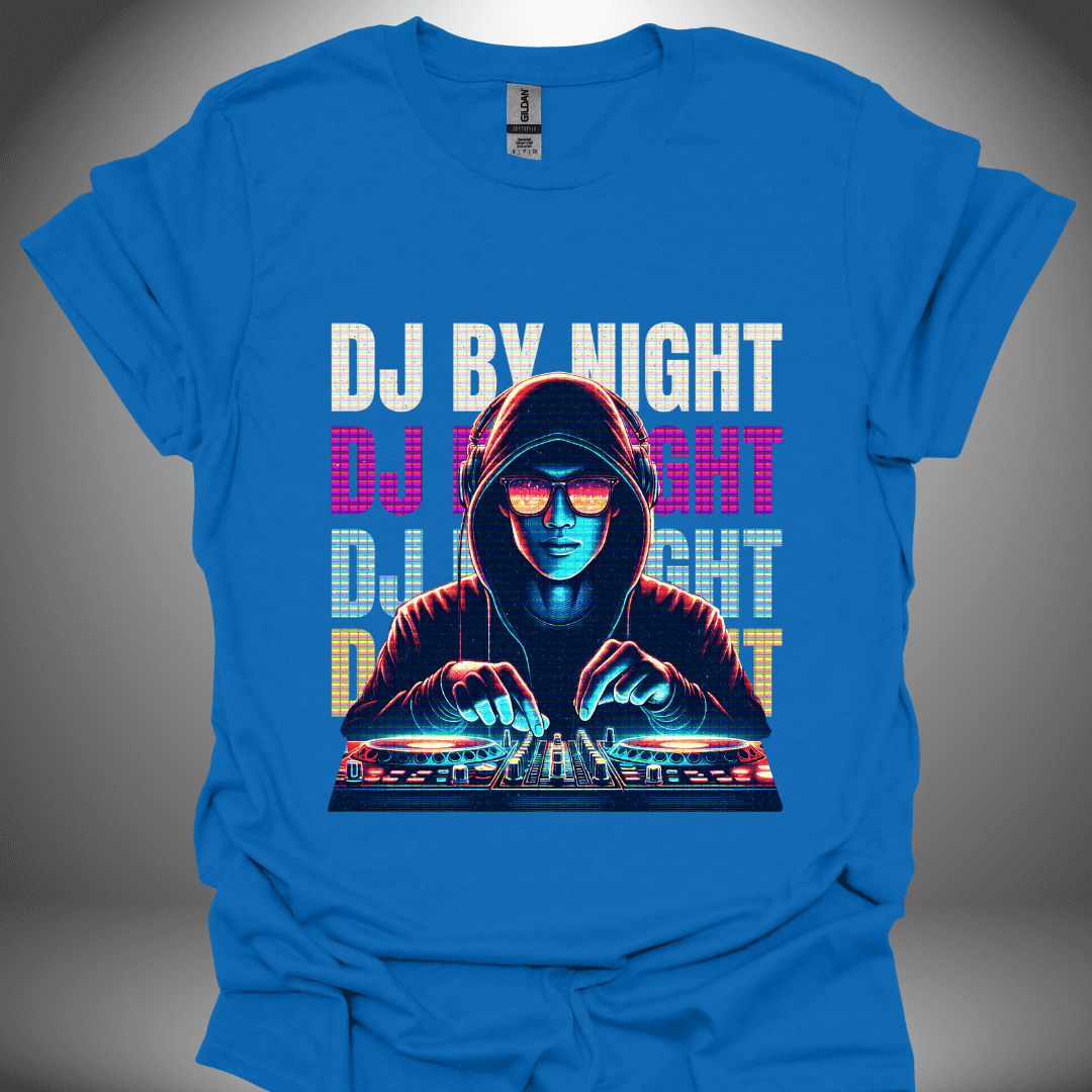 Unisex DJ T-shirt, 'DJ By Night' design in royal blue, front view