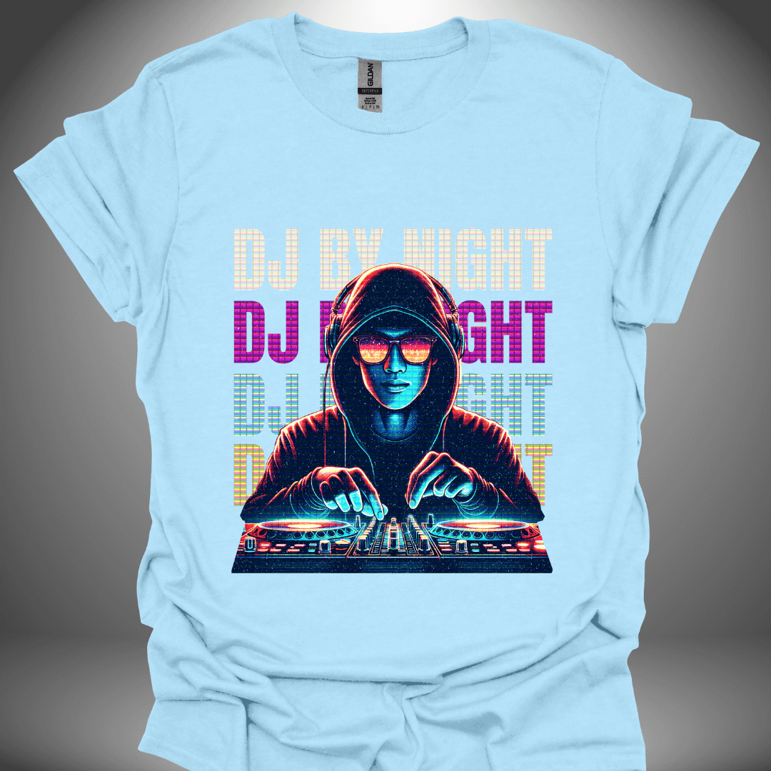 Unisex DJ T-shirt, 'DJ By Night' design in light blue, front view