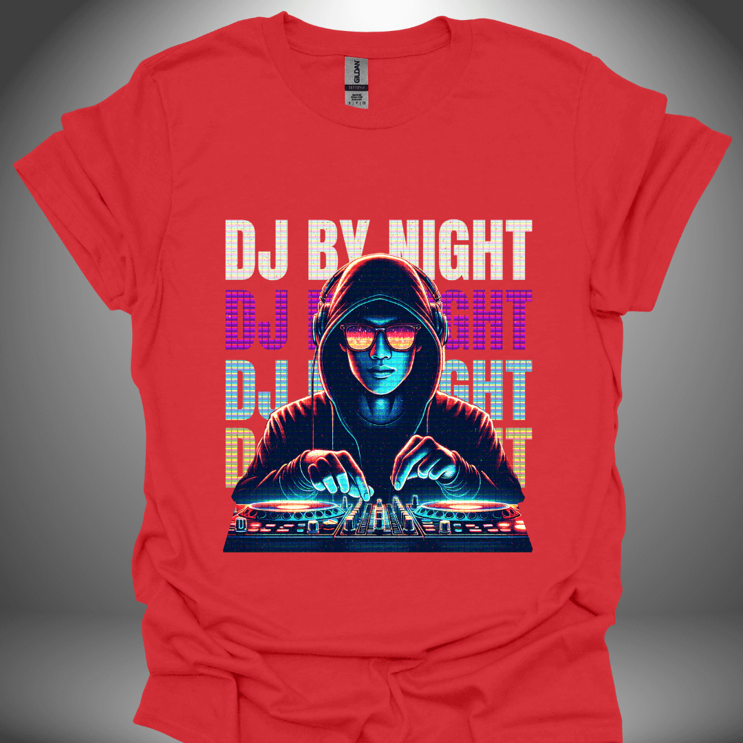 Unisex DJ T-shirt, 'DJ By Night' design in red, front view