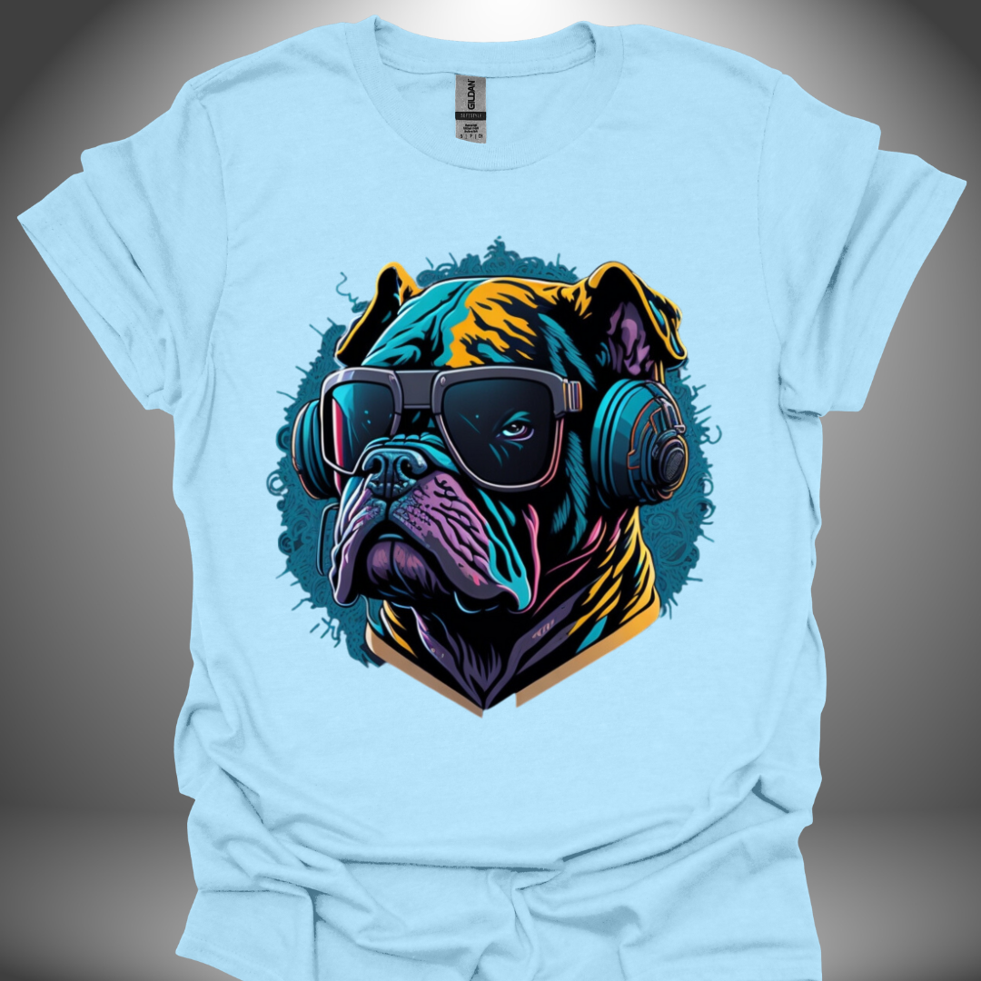 Unisex DJ T-shirt, 'Spin Master Pup' design in light blue, front view