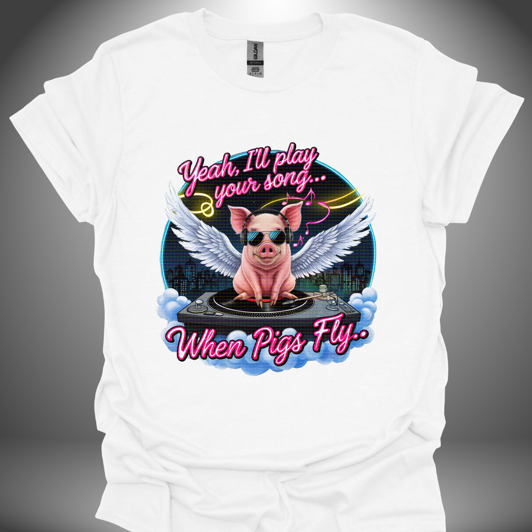 Funny DJ T-shirt, 'Pigs Fly' design in white, front view