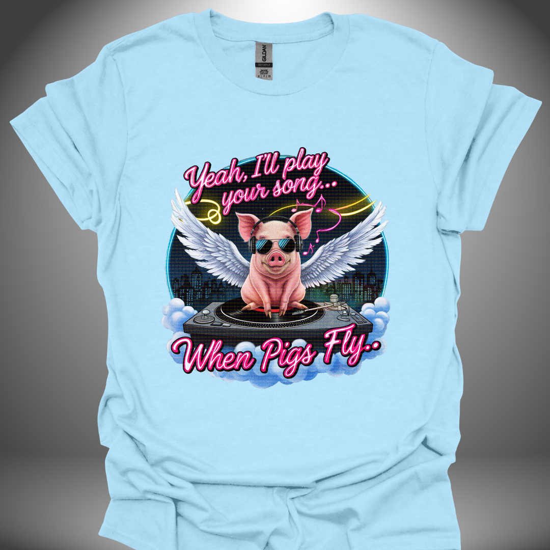 Funny DJ T-shirt, 'Pigs Fly' design in light blue, front view