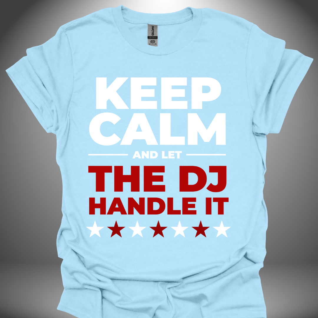 Unisex DJ T-shirt, 'Let The DJ Handle It' design in light blue, front view