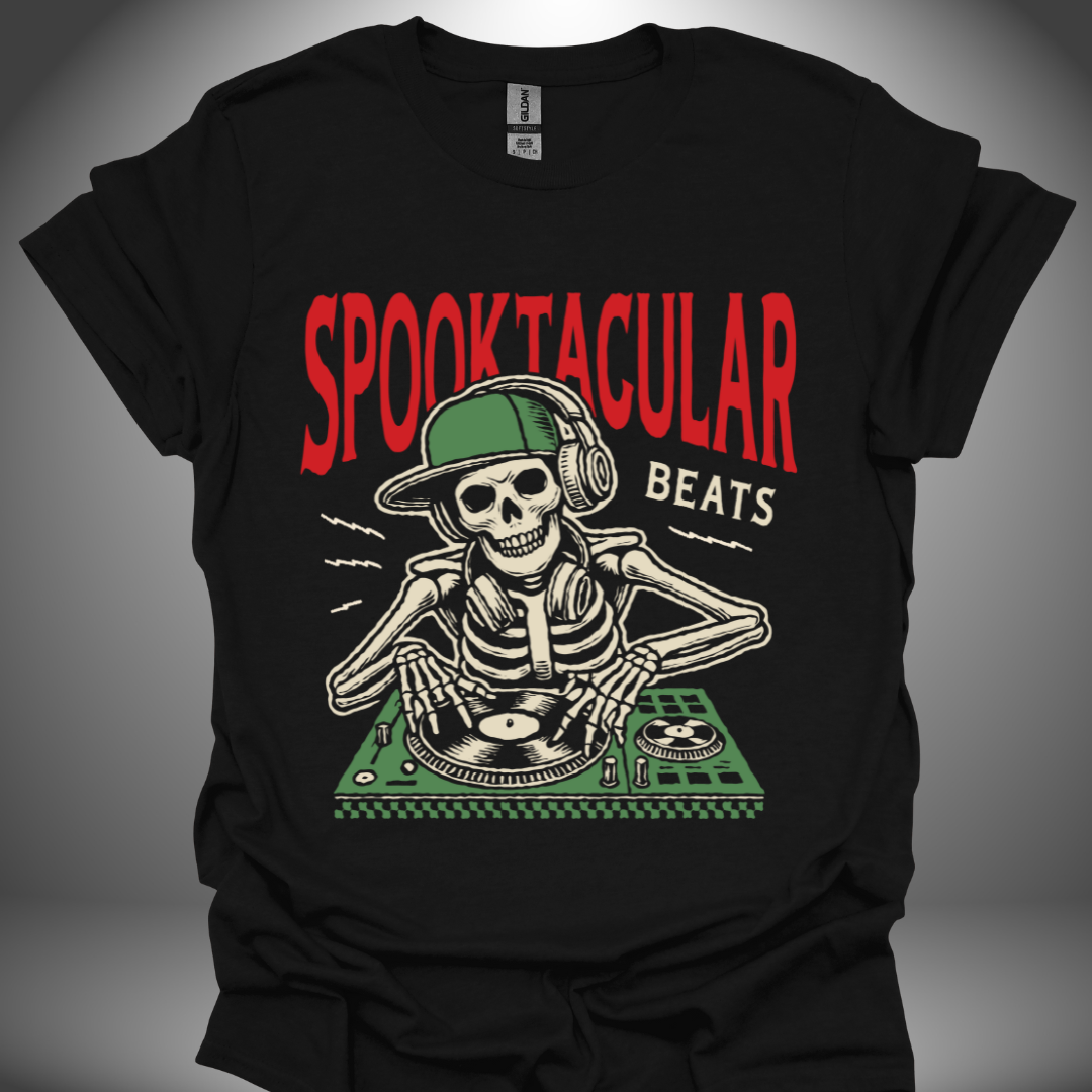 Halloween DJ T-shirt, 'Spooktacular Beats' design in black, front view