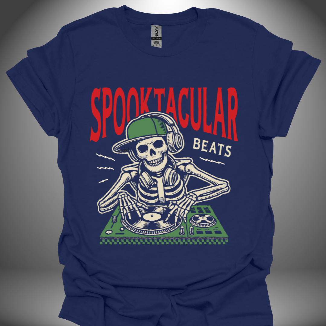 Halloween DJ T-shirt, 'Spooktacular Beats' design in navy, front view