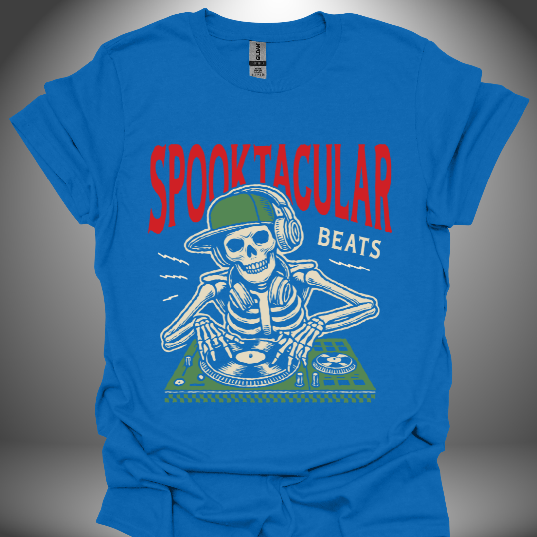 Halloween DJ T-shirt, 'Spooktacular Beats' design in royal blue, front view